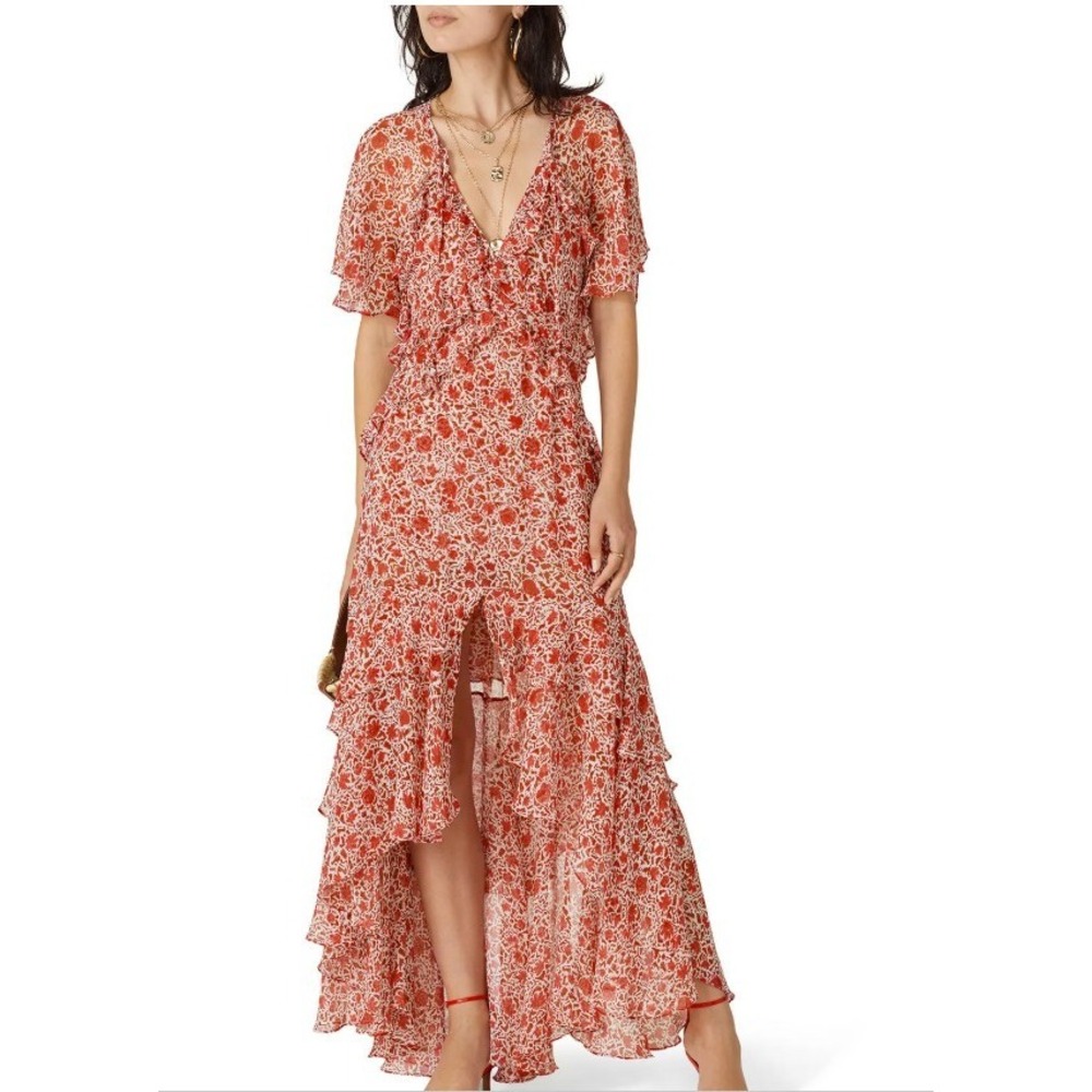 MISA Katarina Maxi Dress Flutter-Sleeve Ruffle Red Floral Size Small *READ FLAW*